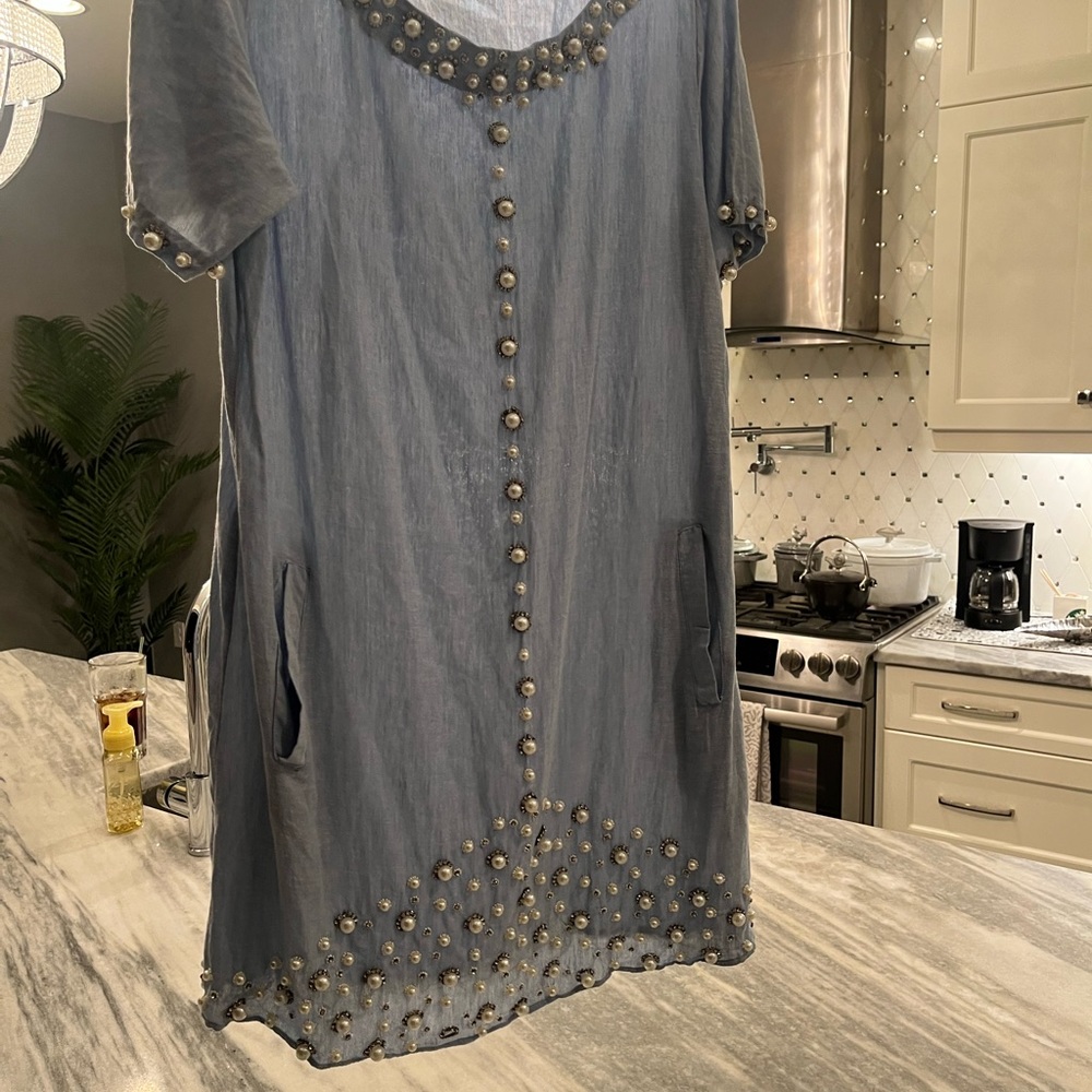 COPY - Moda luxe  size large chambray shift dress with pearls and rhinestones